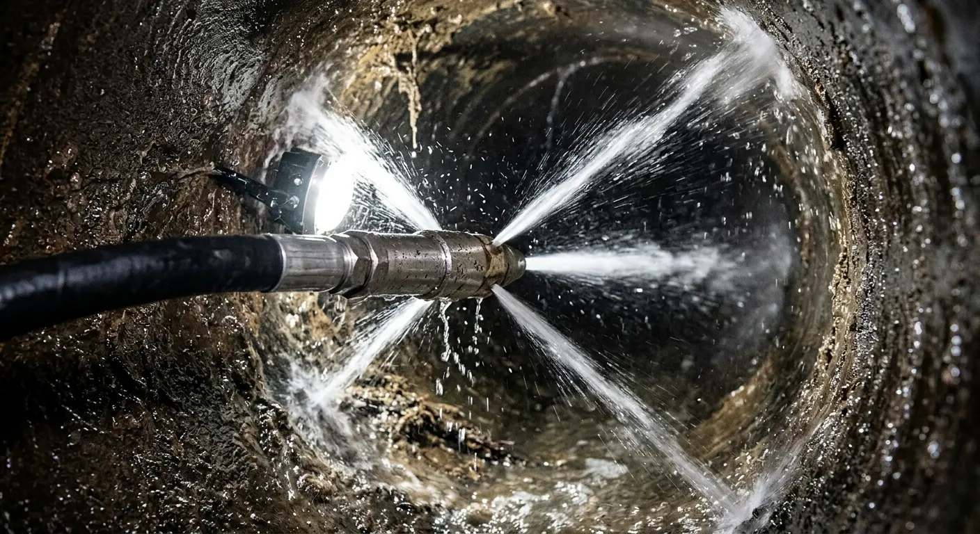 High-pressure hydro jetting nozzle cleaning sewer pipe for Emergency Drain Service in Ashburnham