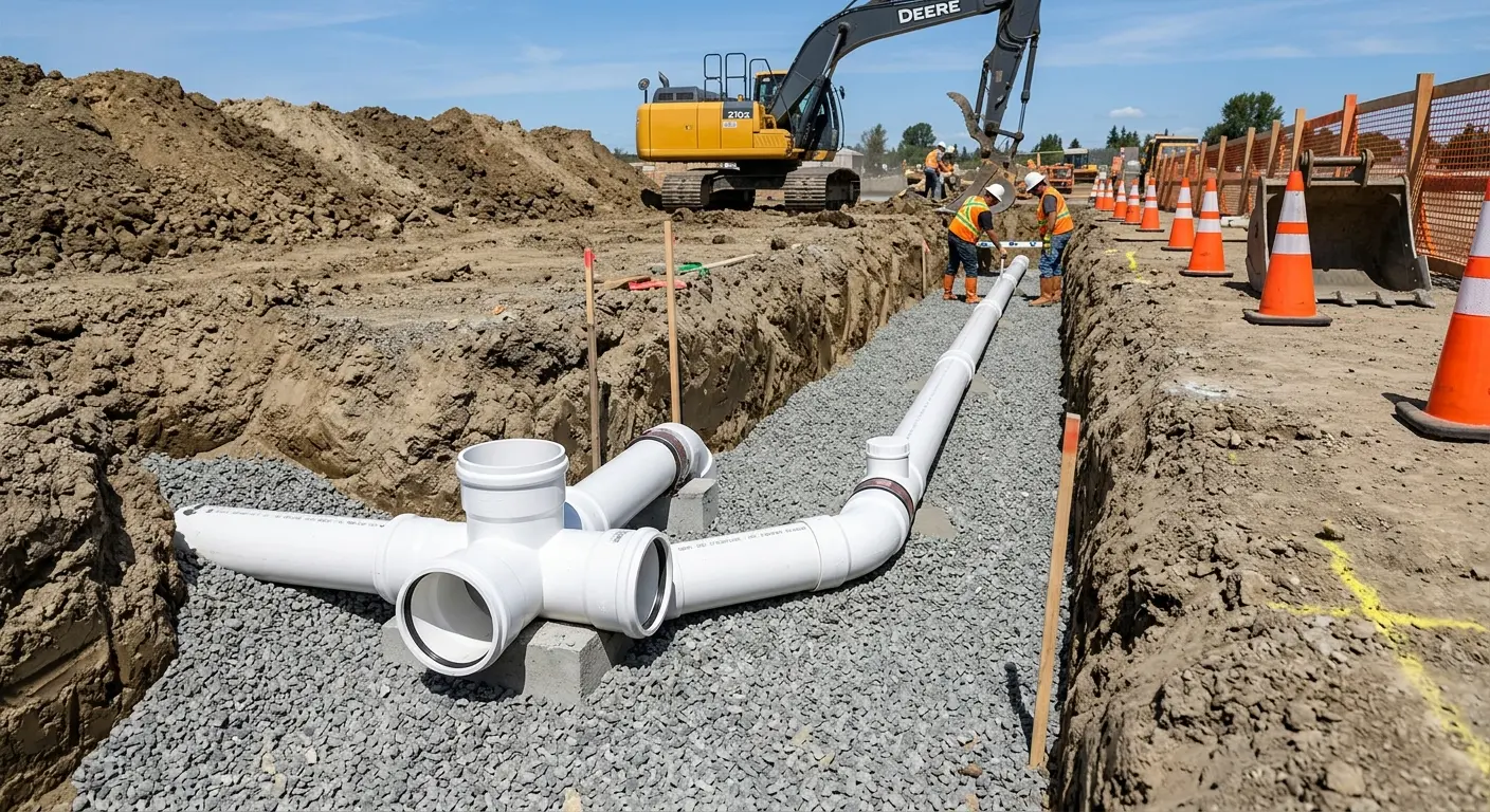 New PVC sewer pipe installation in open trench for Commercial Drain Cleaning in Ashburnham
