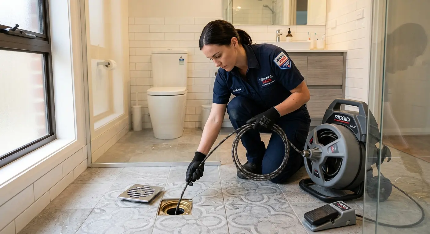 Technician clearing a bathroom floor drain for Sewer Line Installation in Ashburnham